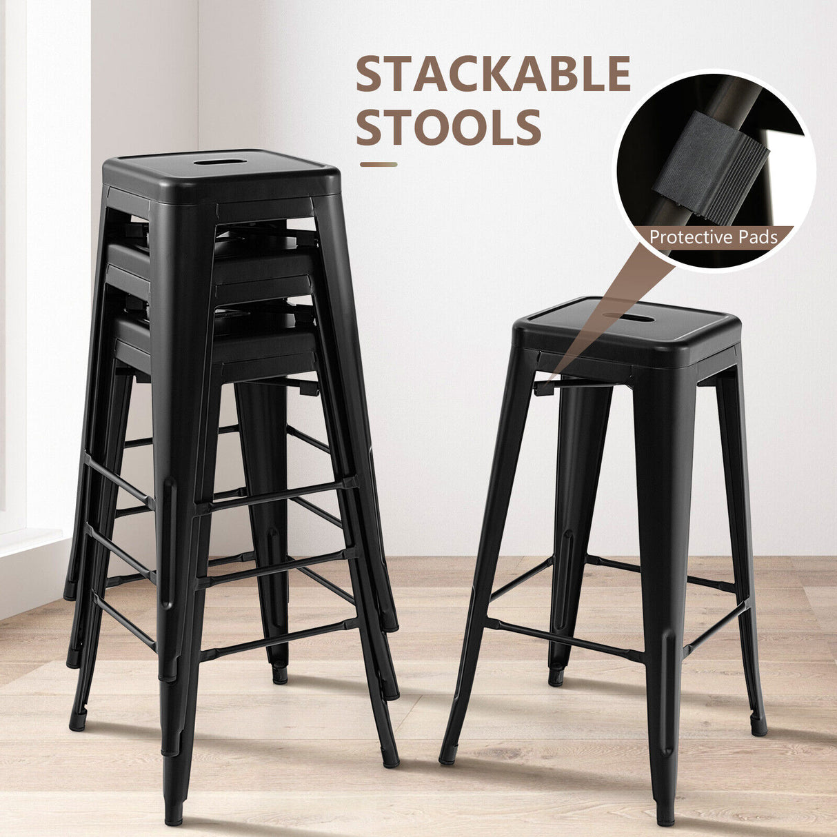 30 Inch Bar Stools Set of 4 with Square Seat and Handling Hole-Black