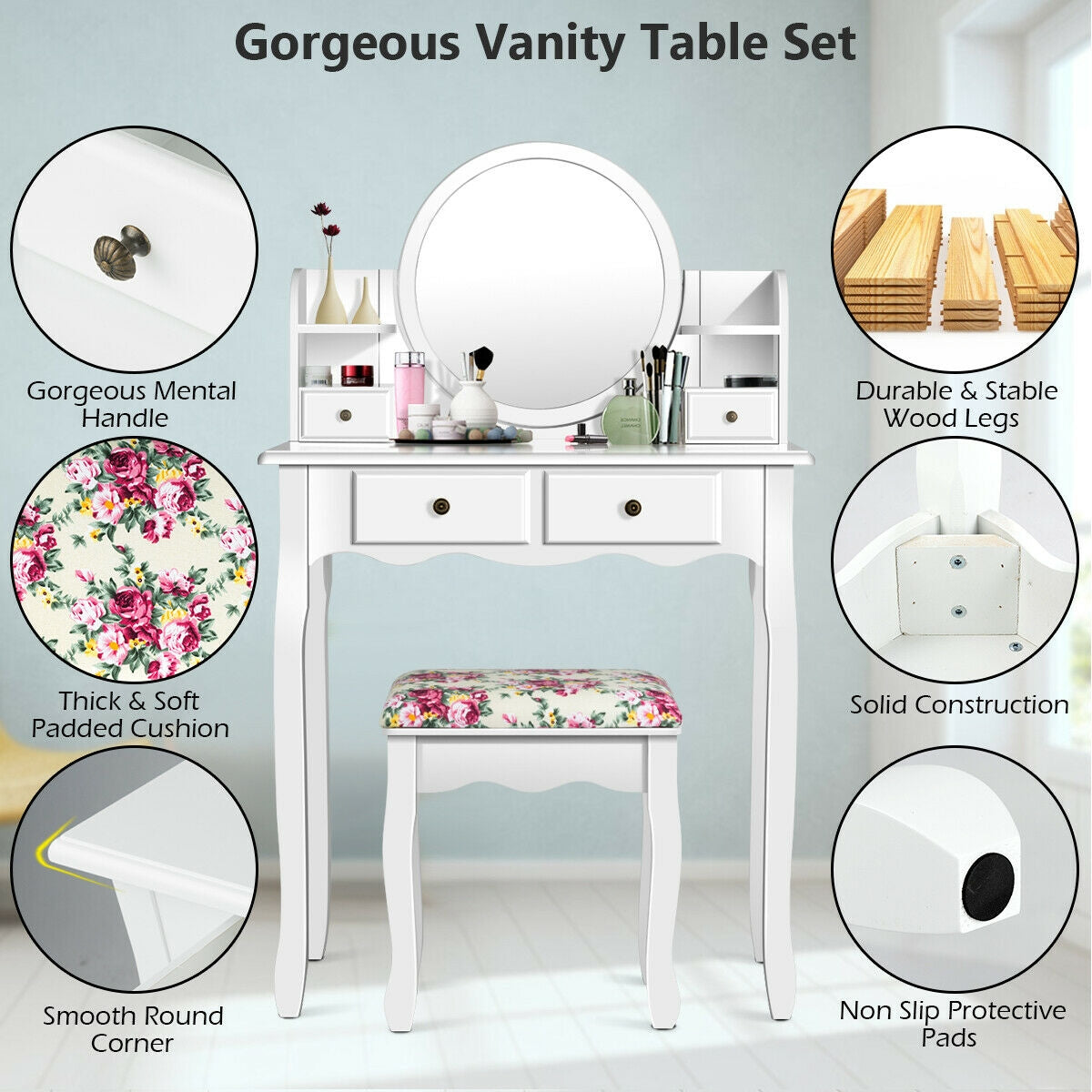 Makeup Vanity Table Set Girls Dressing Table with Drawers Oval Mirror