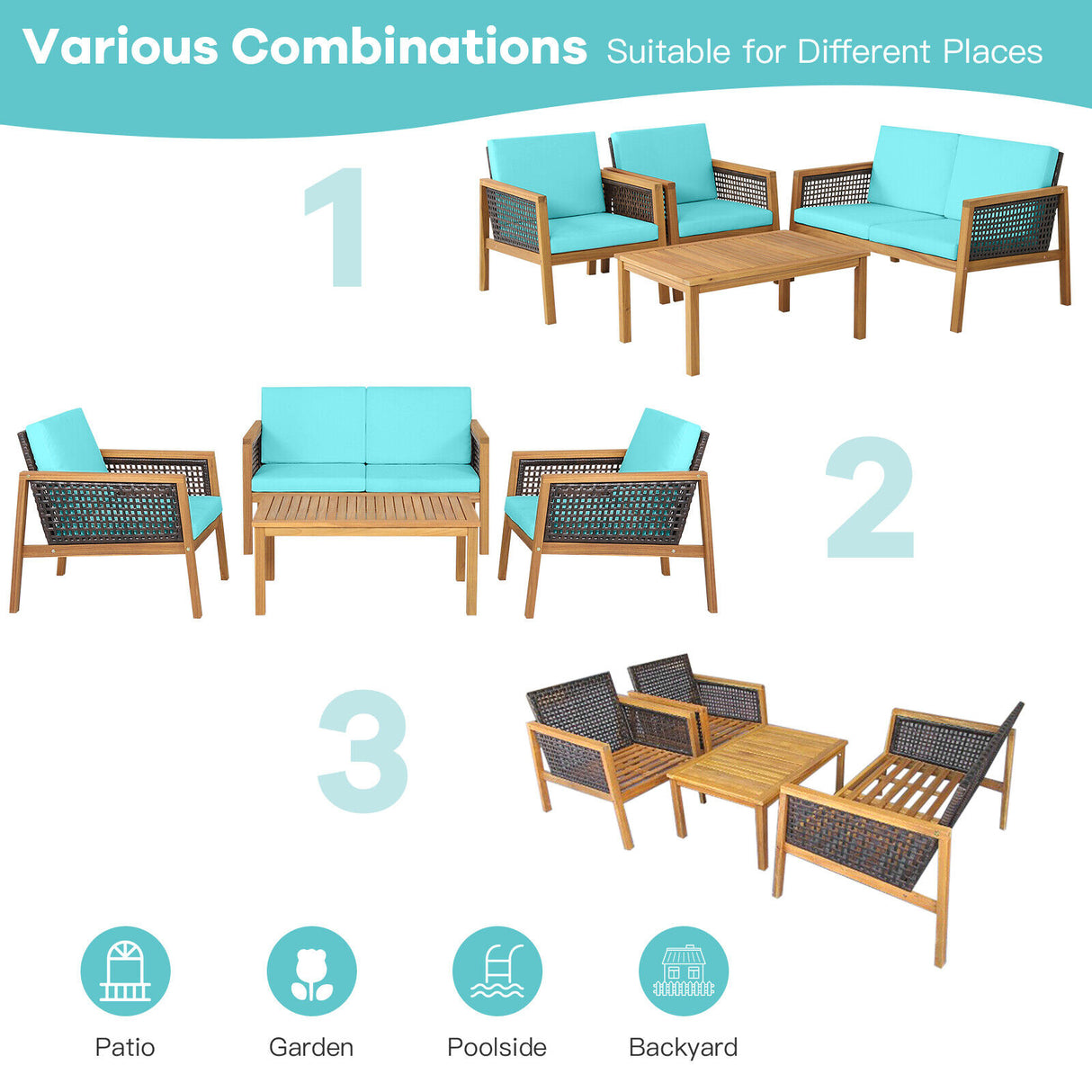 4 Pieces Patio Rattan Furniture Set with Removable Cushions