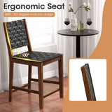Set of 2 Woven Bar Stools with Faux PU Leather Straps-Black