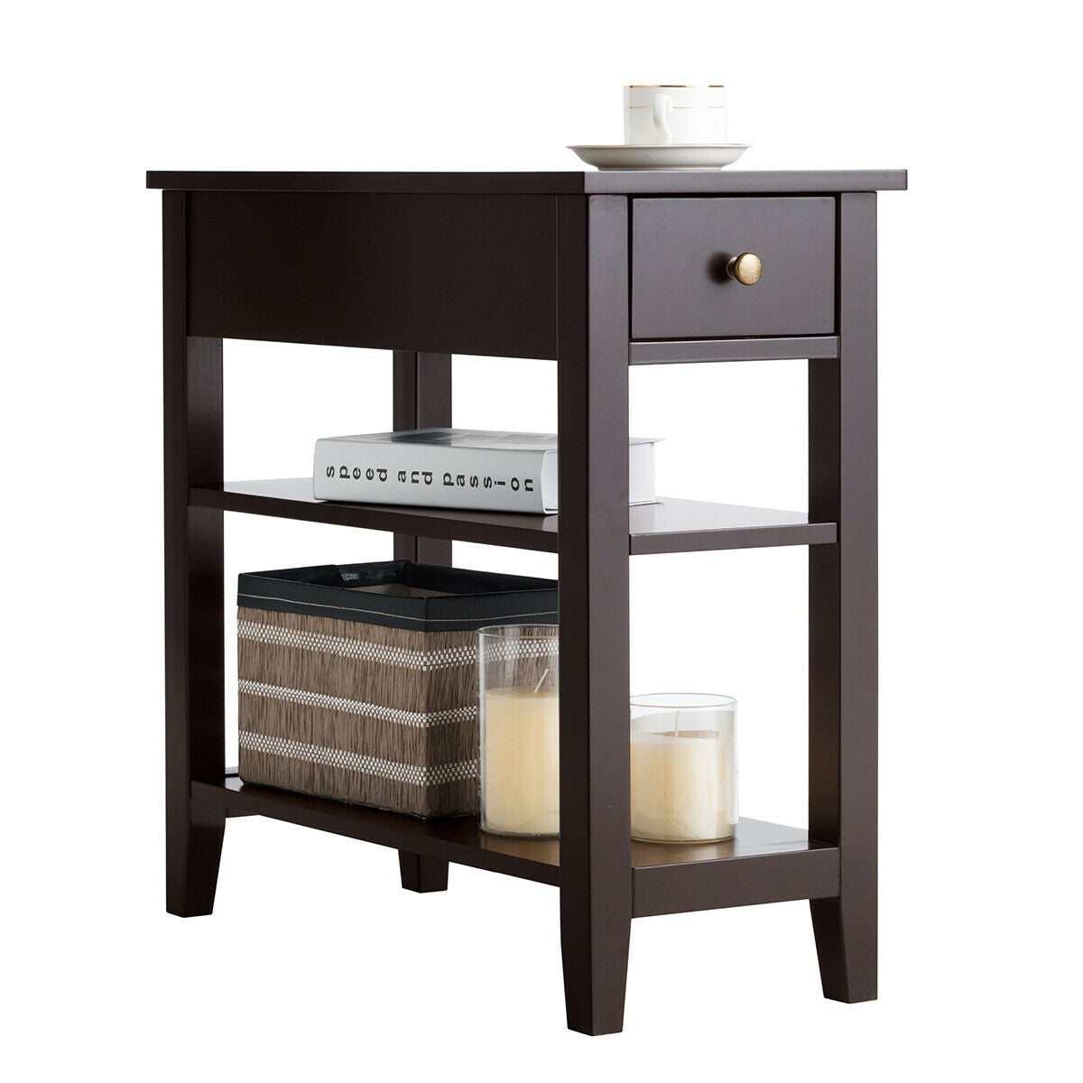 3-Tier Nightstand Bedside Table Sofa Side with Double Shelves Drawer