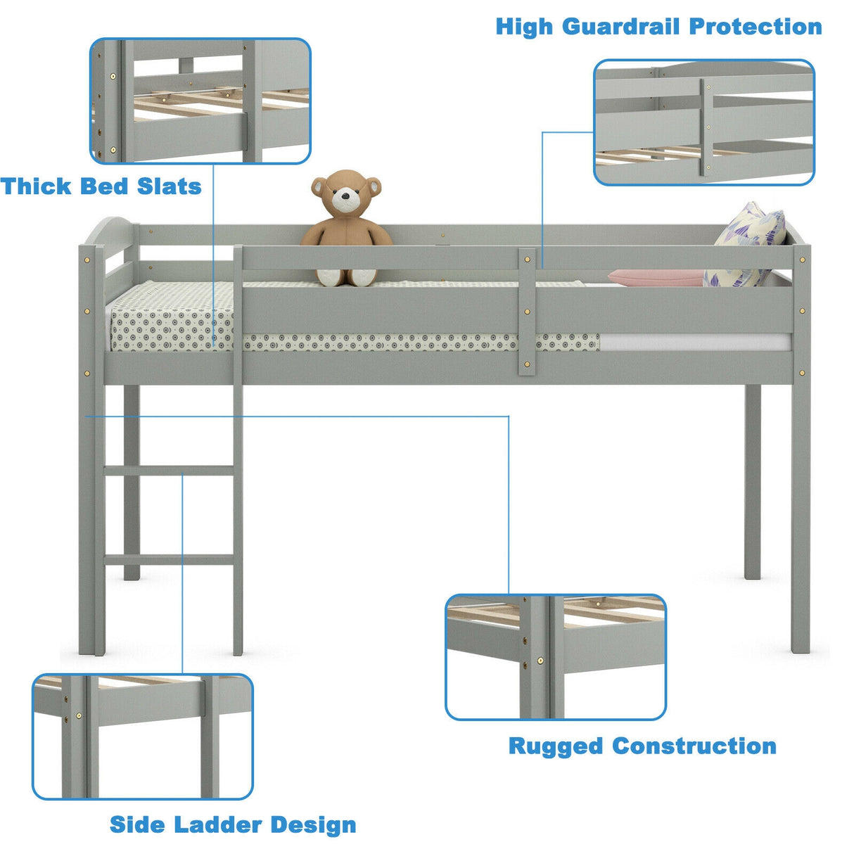 Wooden Twin Low Loft Bunk Bed with Guard Rail and Ladder