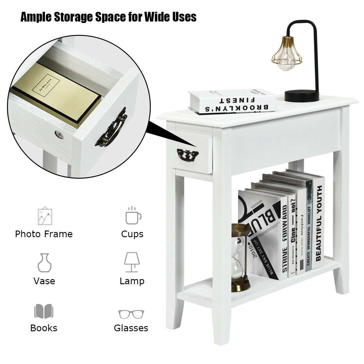 2 Pieces 2 Tier Sofa Side End Table with Drawer and Open Shelf
