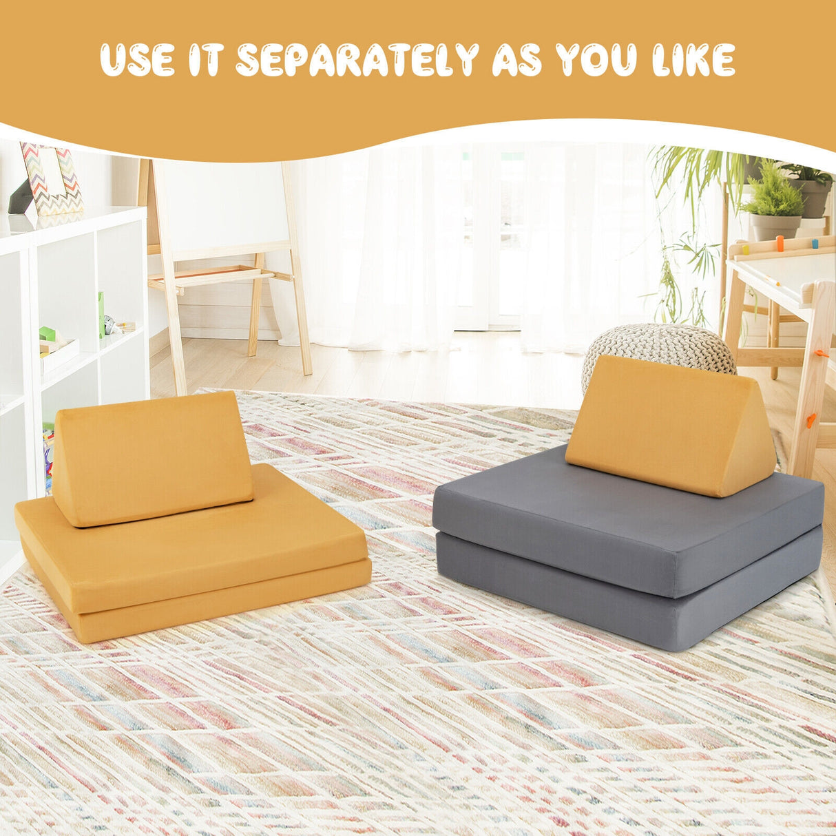 4-Piece Convertible Kids Couch Set with 2 Folding Mats