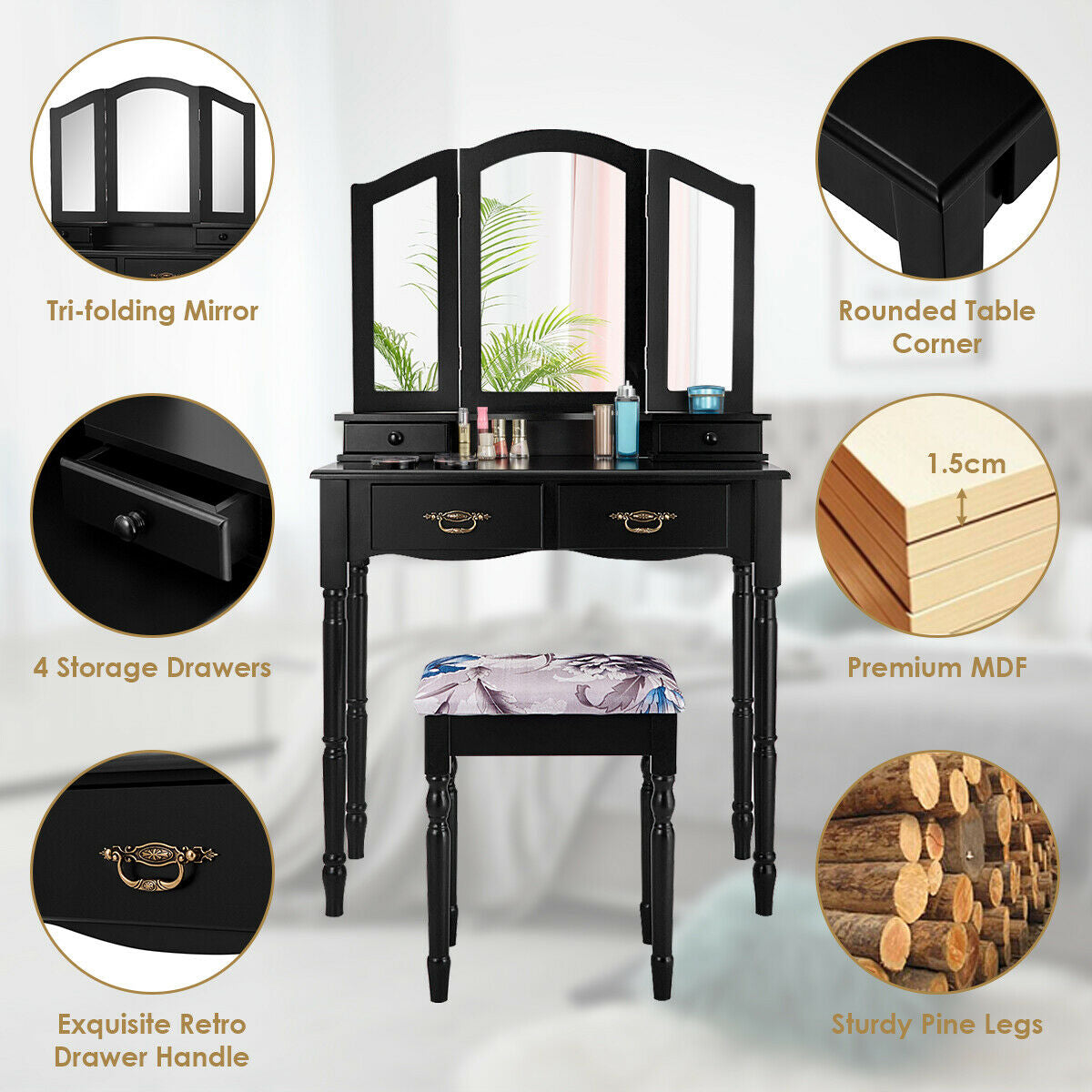 Simple Vanity Set with Tri-Folding Mirror Drawers and Storage Shelf