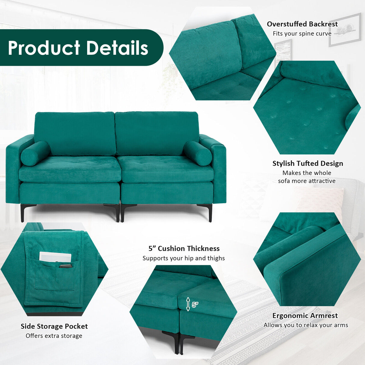 Modular 1/2/3/4-Seat L-Shaped Sectional Sofa Couch with Socket USB Port-2