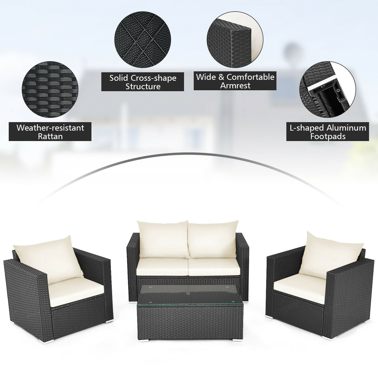 4 Pieces Patio Rattan Conversation Set with Cushions and Coffee Table