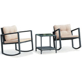 3 Pcs Wicker Rocking Bistro Set with Glass Coffee Table and Storage Shelf