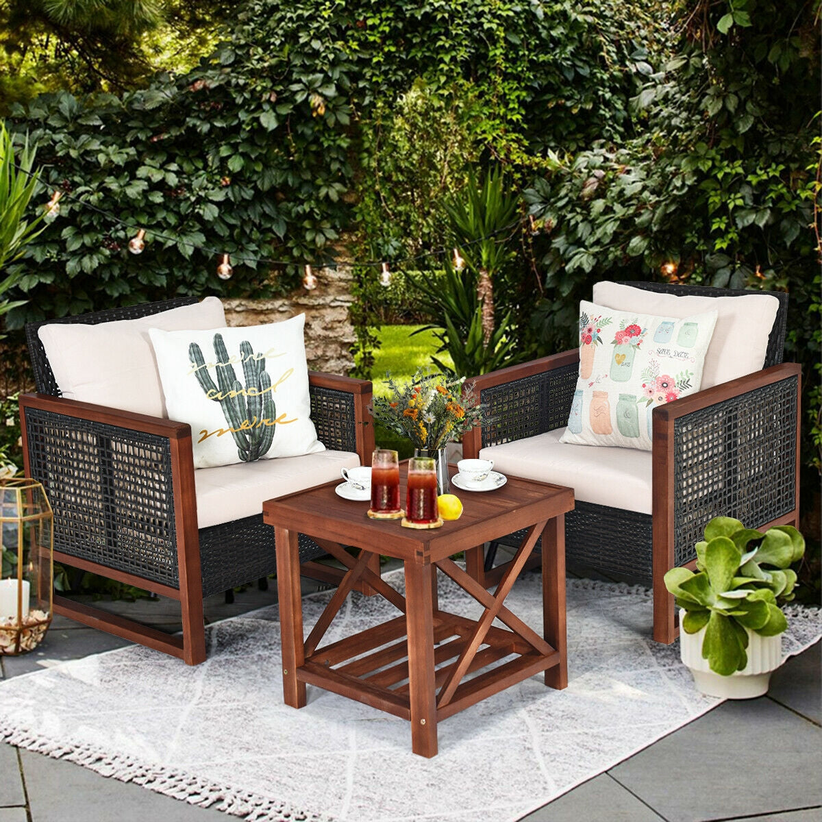3 Pieces Patio Wicker Furniture Set with Washable Cushion and Acacia Wood Coffee Table