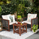 3 Pieces Patio Wicker Furniture Set with Washable Cushion and Acacia Wood Coffee Table