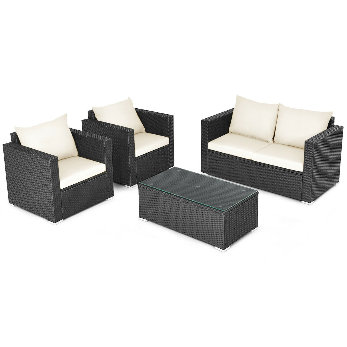 4 Pieces Patio Rattan Conversation Set with Cushions and Coffee Table