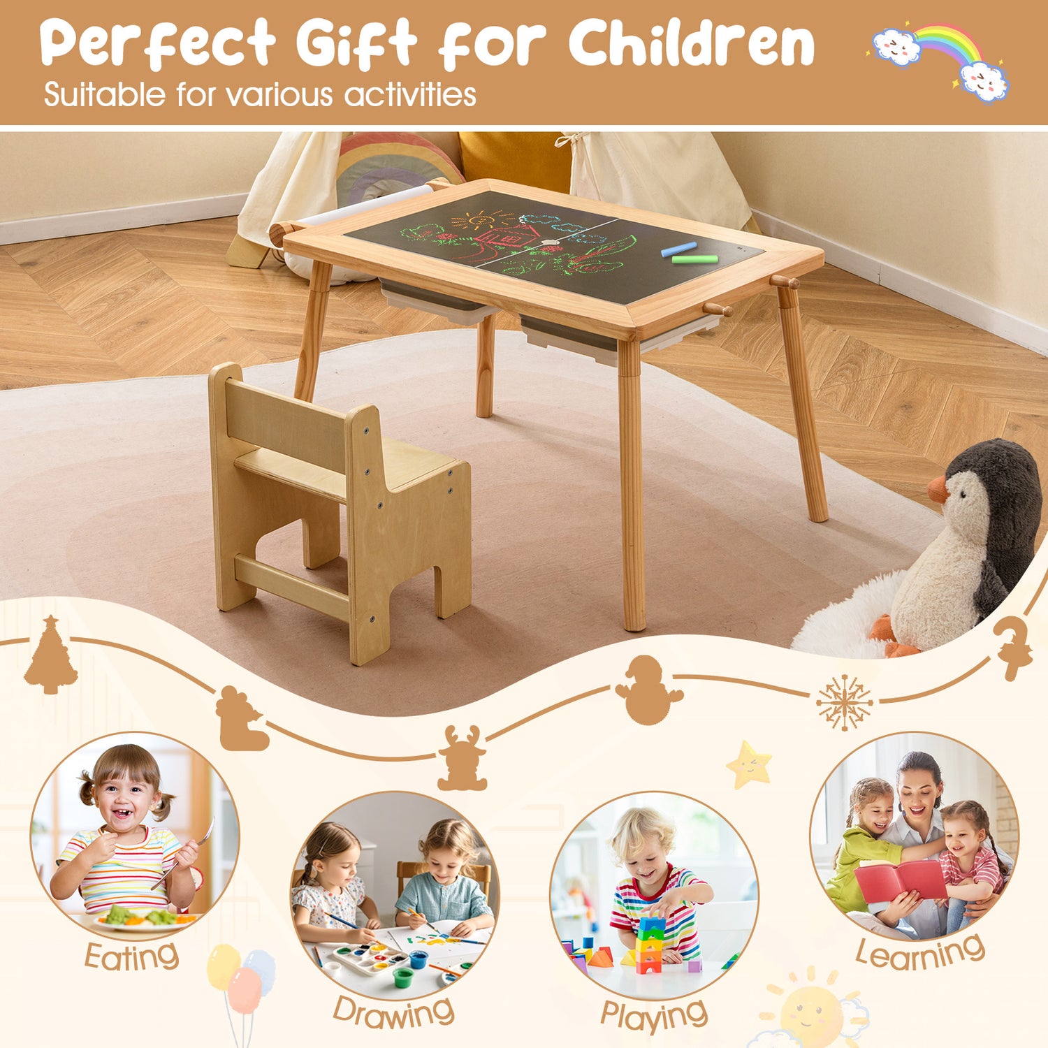 Sensory Table and Chair Set for Kids 2-8 with Foldable Bins
