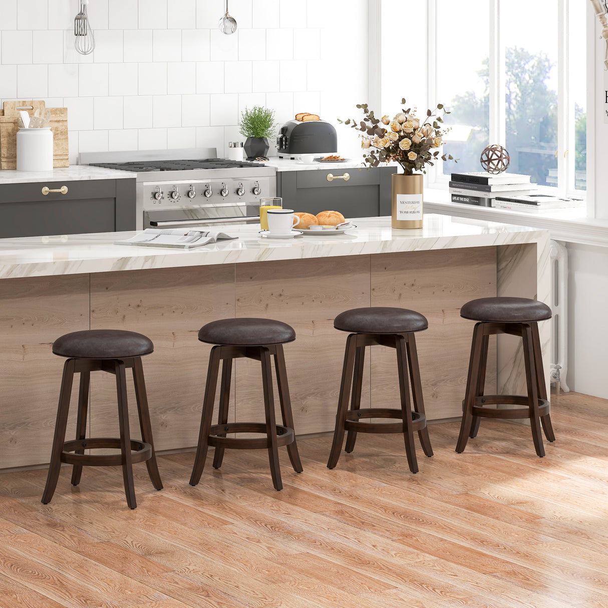 Set of 2 24/29 Inch Upholstered PU Leather Bar Stool with 360° Swivel Round Seat