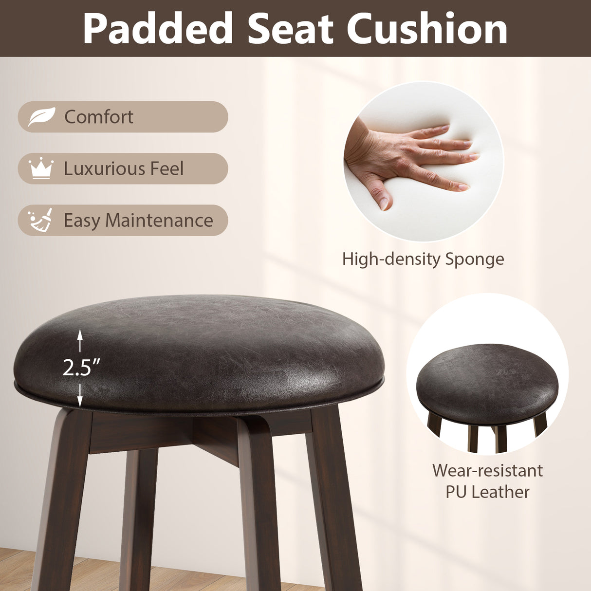 Set of 2 24/29 Inch Upholstered PU Leather Bar Stool with 360° Swivel Round Seat