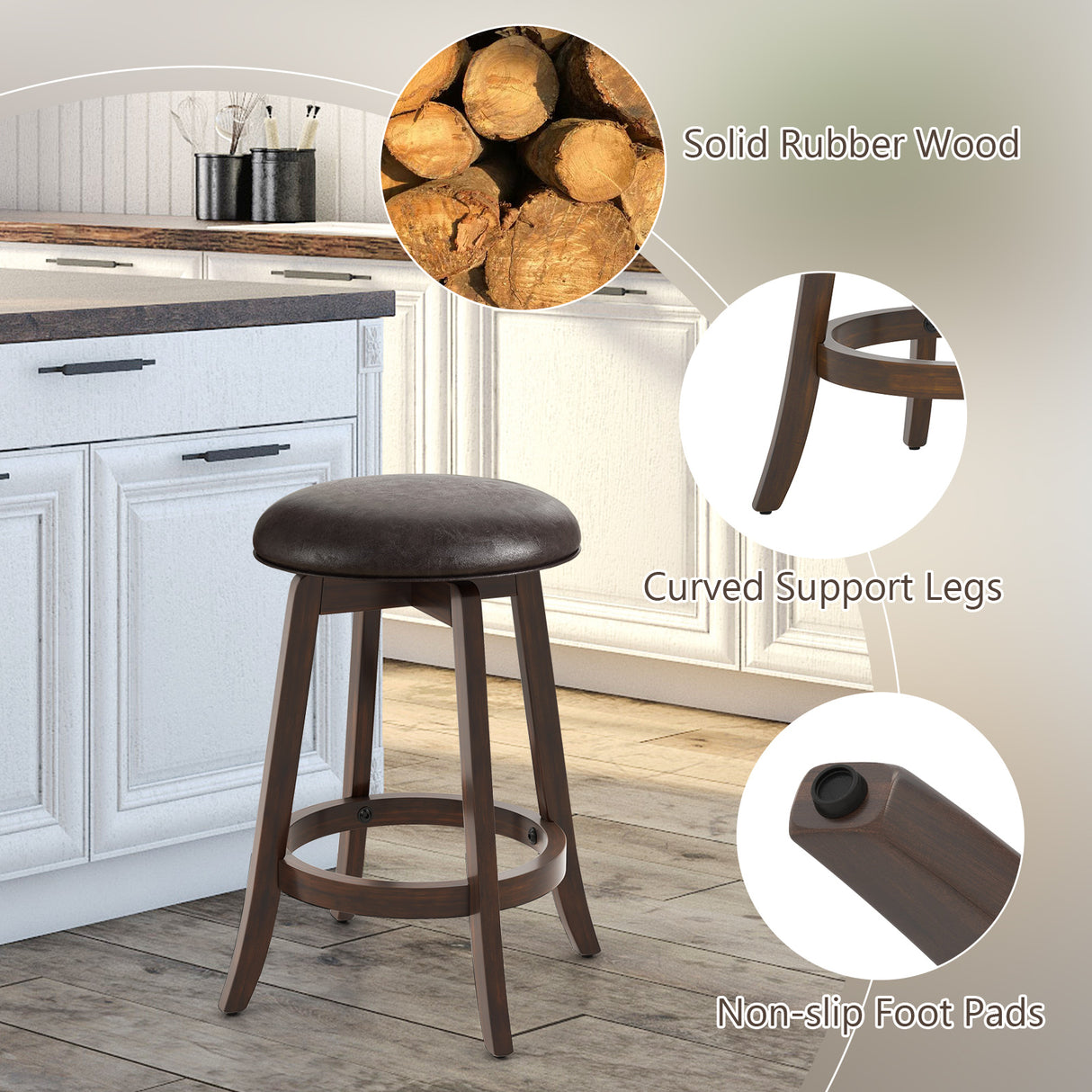 Set of 2 24/29 Inch Upholstered PU Leather Bar Stool with 360° Swivel Round Seat