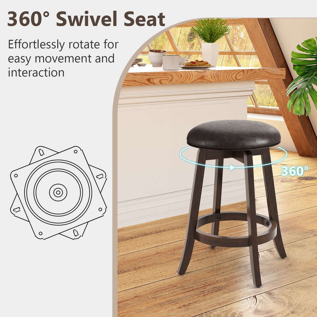 Set of 2 24/29 Inch Upholstered PU Leather Bar Stool with 360° Swivel Round Seat
