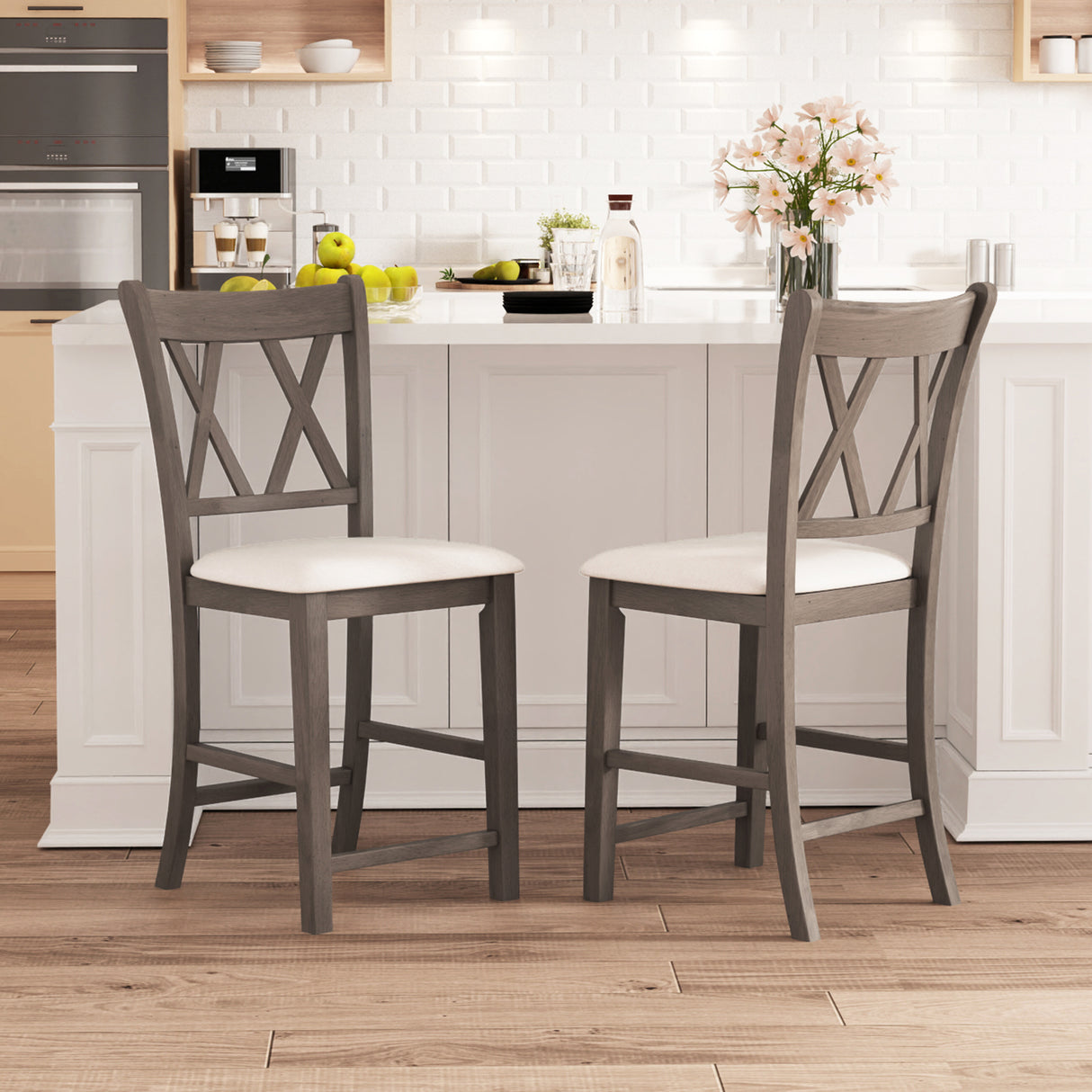 Set of 2 Bar Stools with Cross Back and Linen Fabric Upholstered Seat-Beige