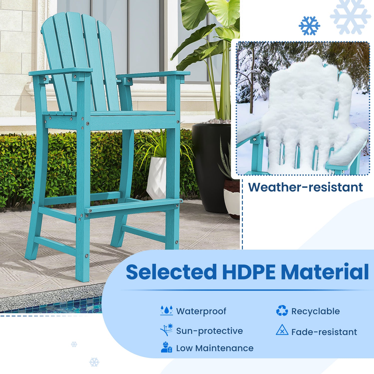Set of 2 Counter Height Outdoor HDPE Bar Stool with Armrests and Footrest