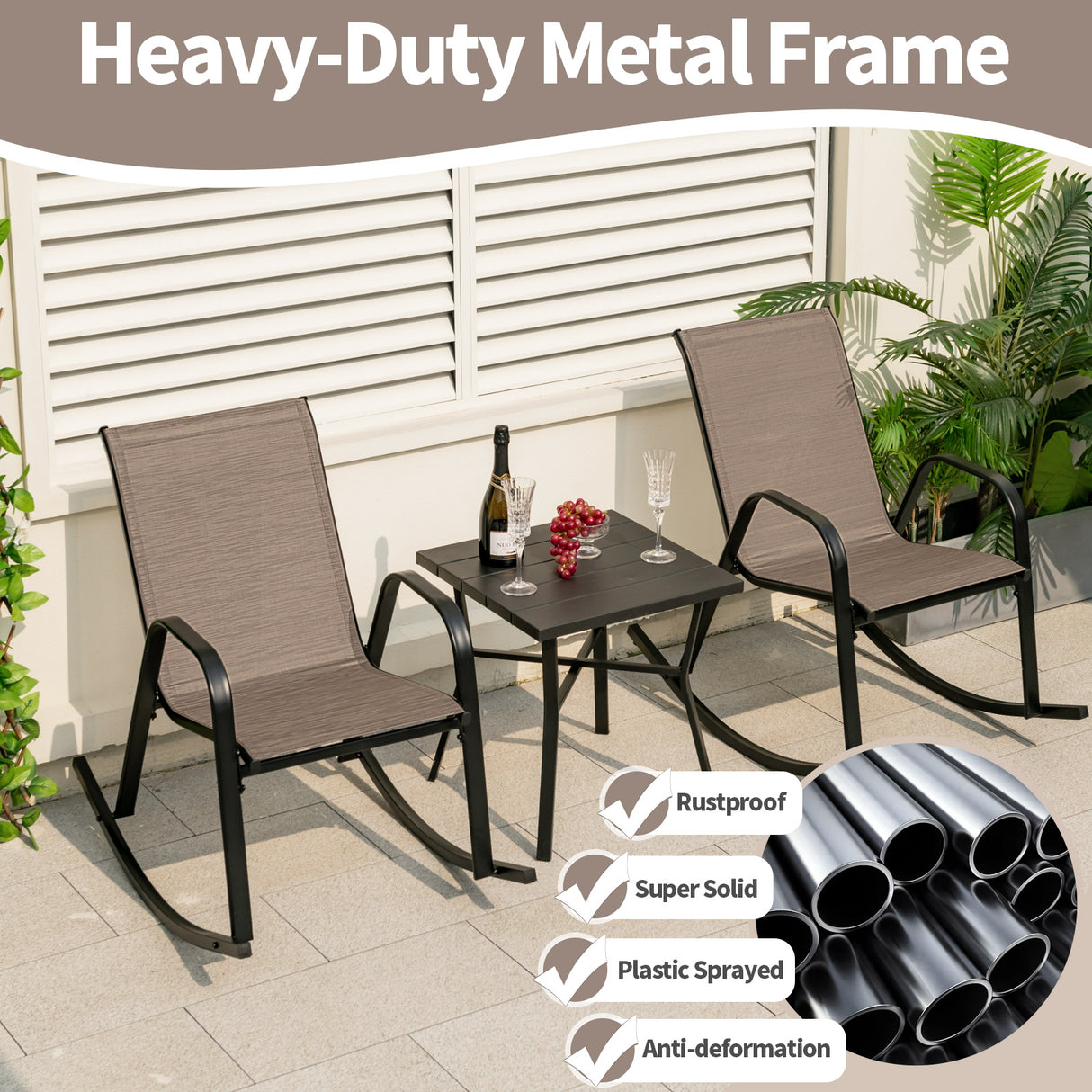 Set of 2 Heavy-Duty Metal Patio Rocking Chair with Breathable Seat Fabric