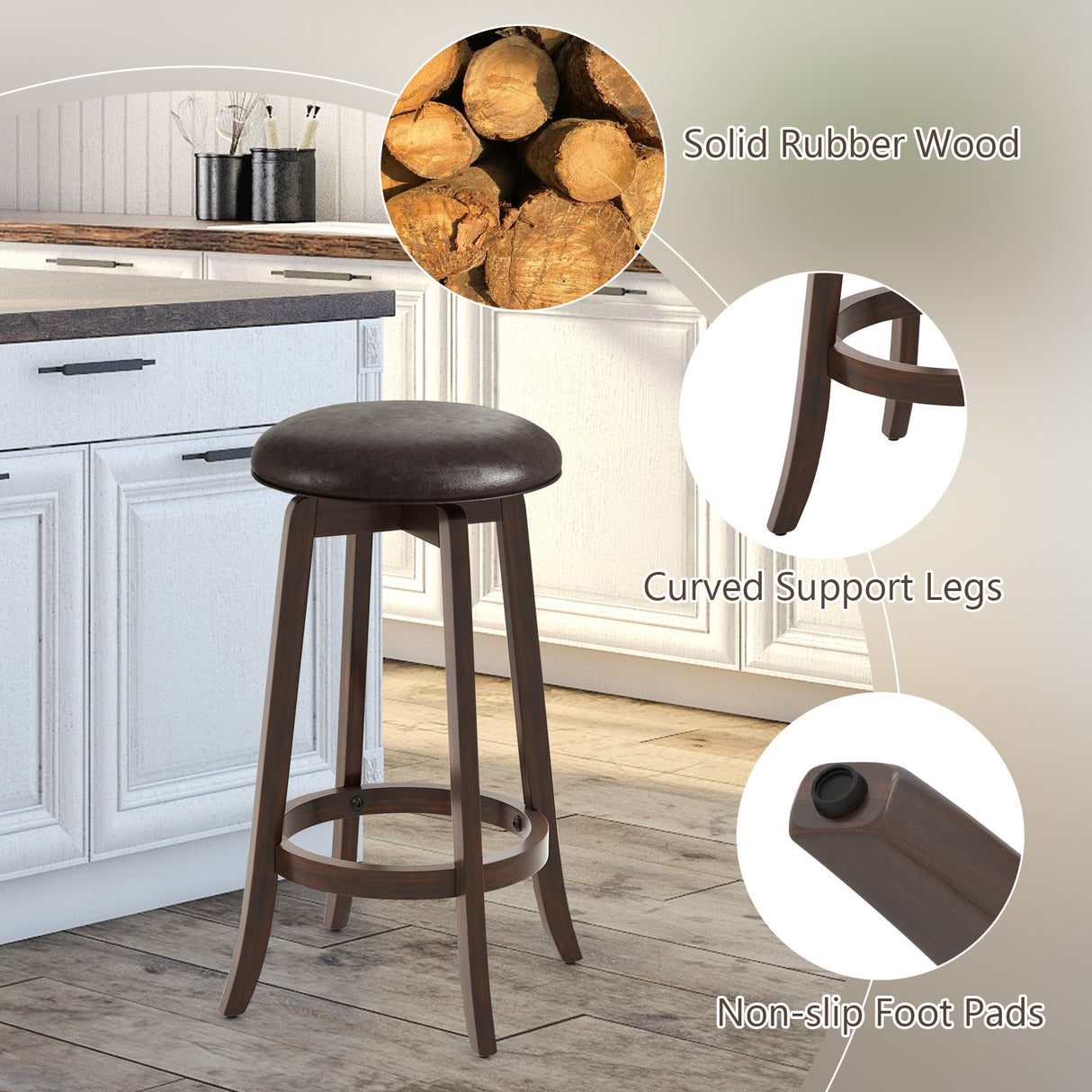 Set of 2 24/29 Inch Upholstered PU Leather Bar Stool with 360° Swivel Round Seat