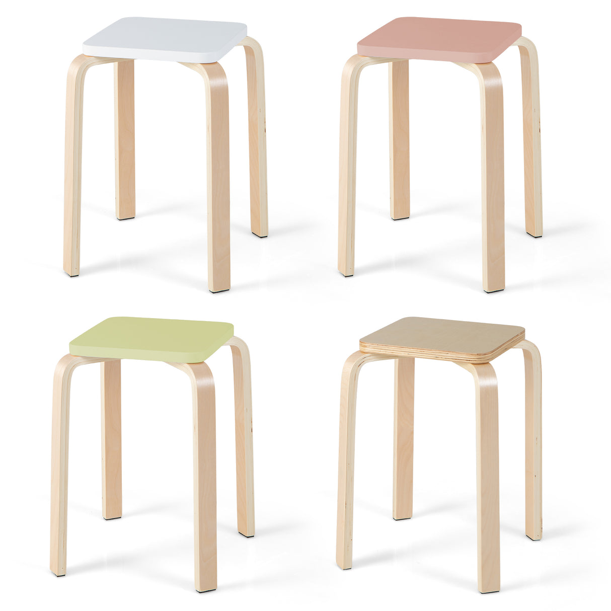 Set of 4 Colorful Square Stools with Anti-slip Felt Mats