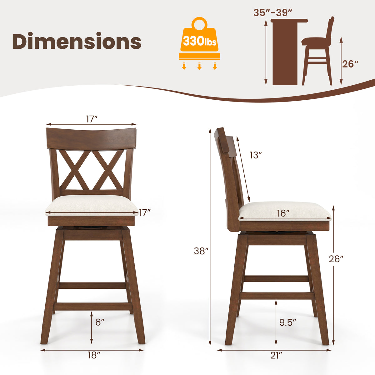 Bar Stool with Contoured Backrest and Swivel Padded Seat