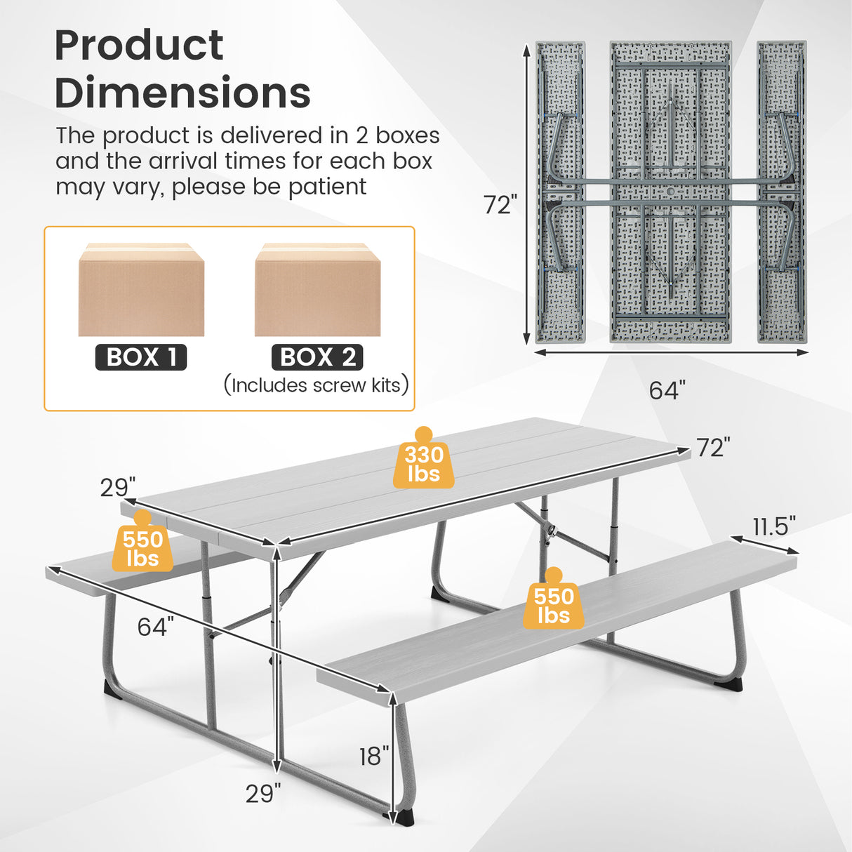 Folding Picnic Table Set with Metal Frame and All-Weather HDPE Tabletop  Umbrella Hole