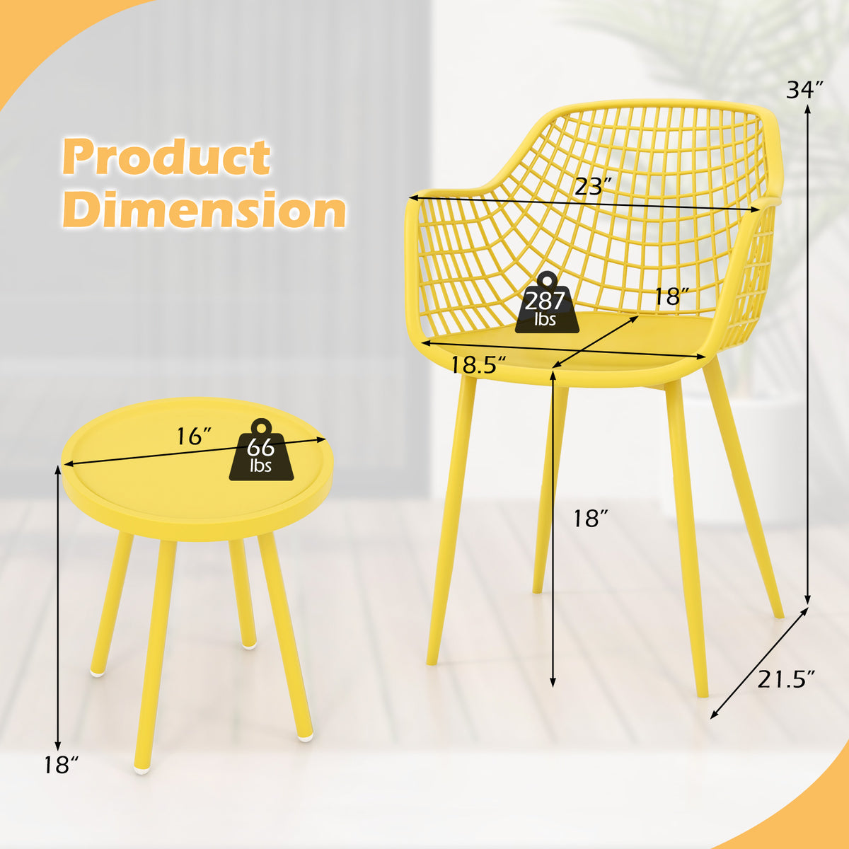 3 Piece Patio Chair Set with PP Seat and Tabletop for Porch