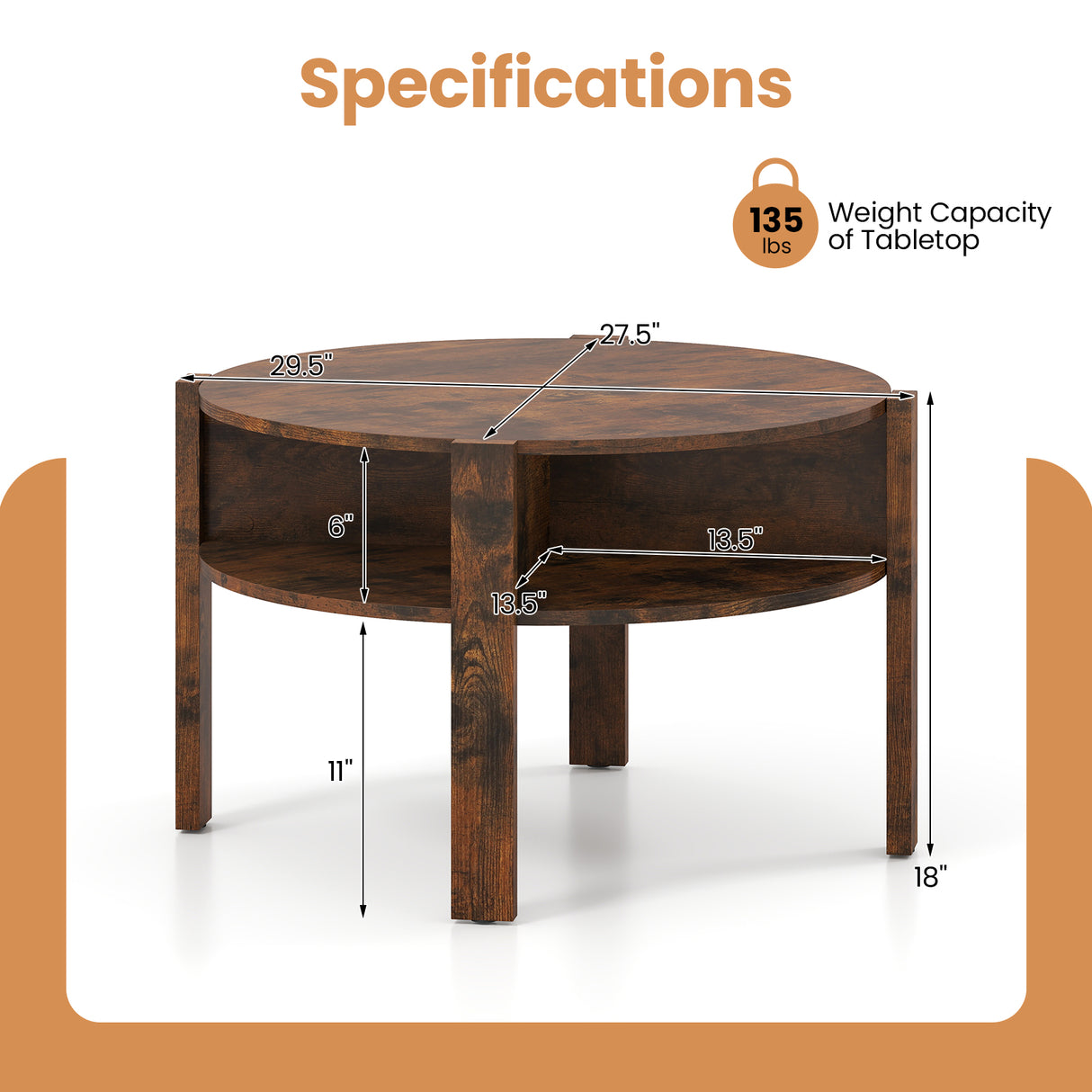 29.5 Inch Round Coffee Table with Storage Shelves for Small Space