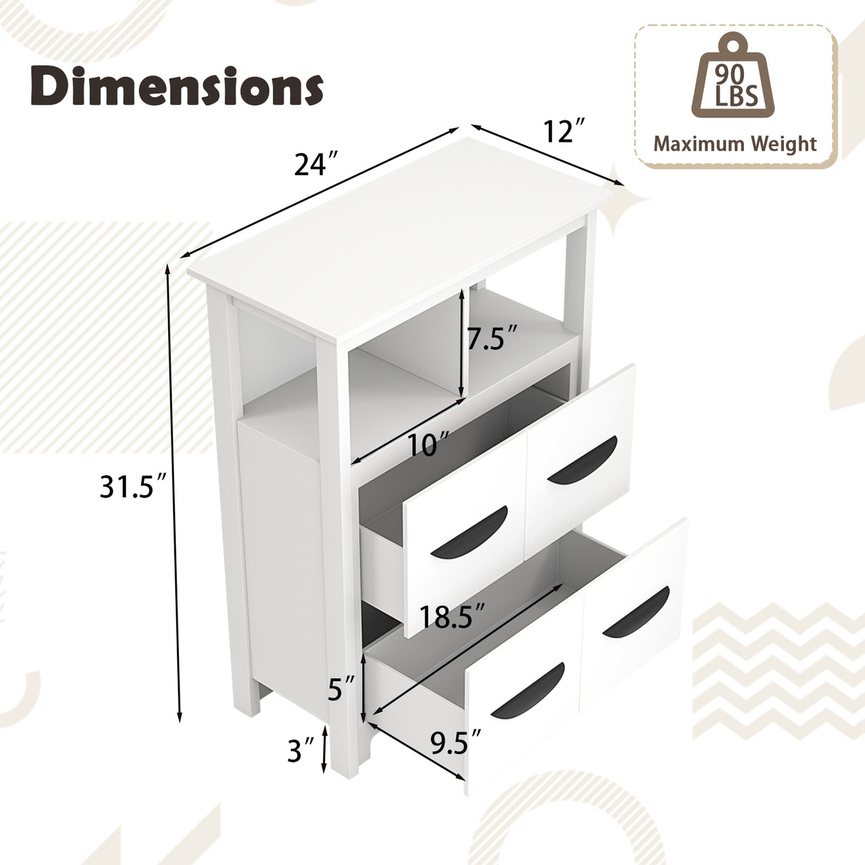 24 Inch Floor Cabinet with 2 Open Compartments and 2 Drawers-White