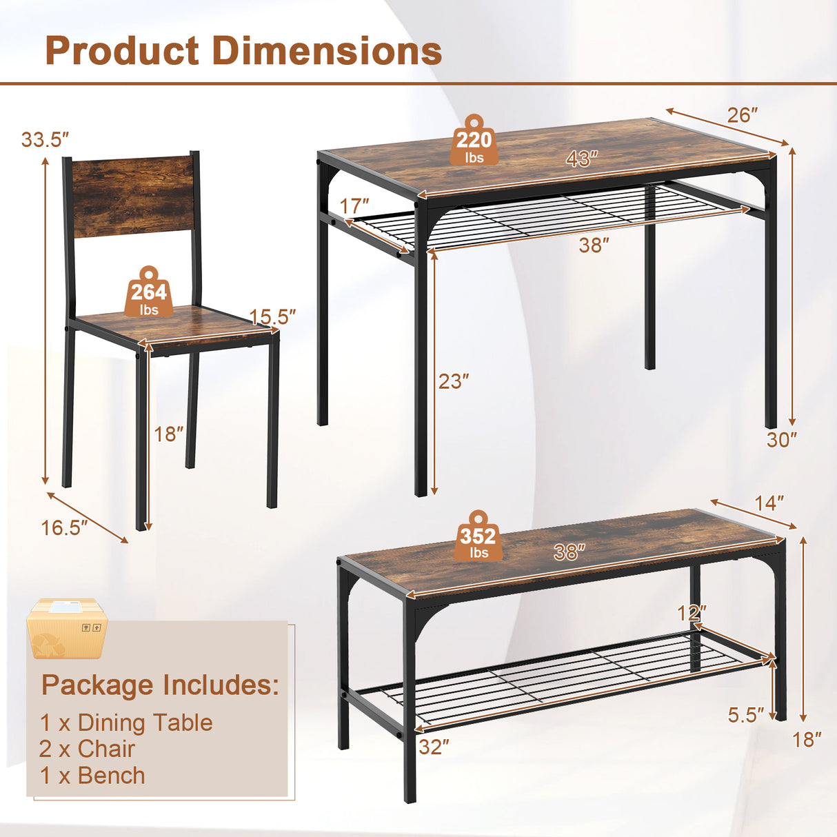 Industrial Style Rectangular Kitchen Table with Bench and Chairs