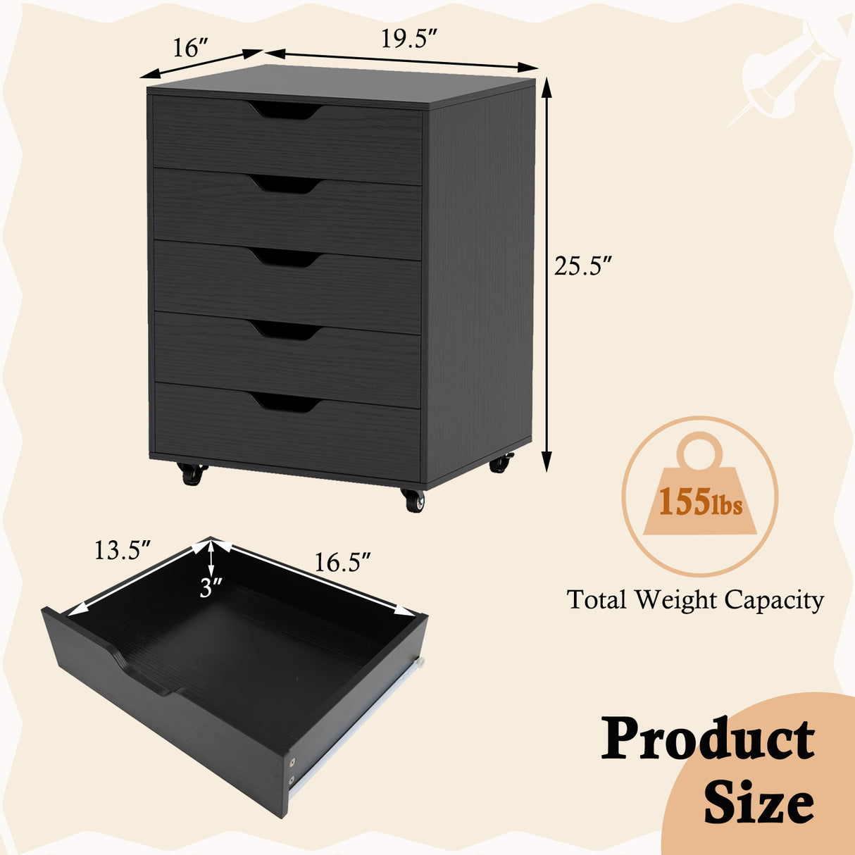5 Drawer Mobile File Cabinet with Wheels for Living Room