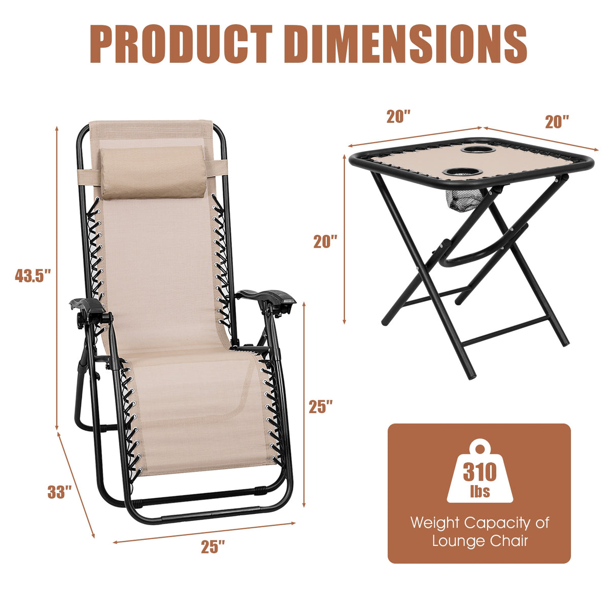 3 Pieces Folding Portable Zero Gravity Reclining Lounge Chairs Table Set