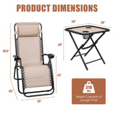 3 Pieces Folding Portable Zero Gravity Reclining Lounge Chairs Table Set