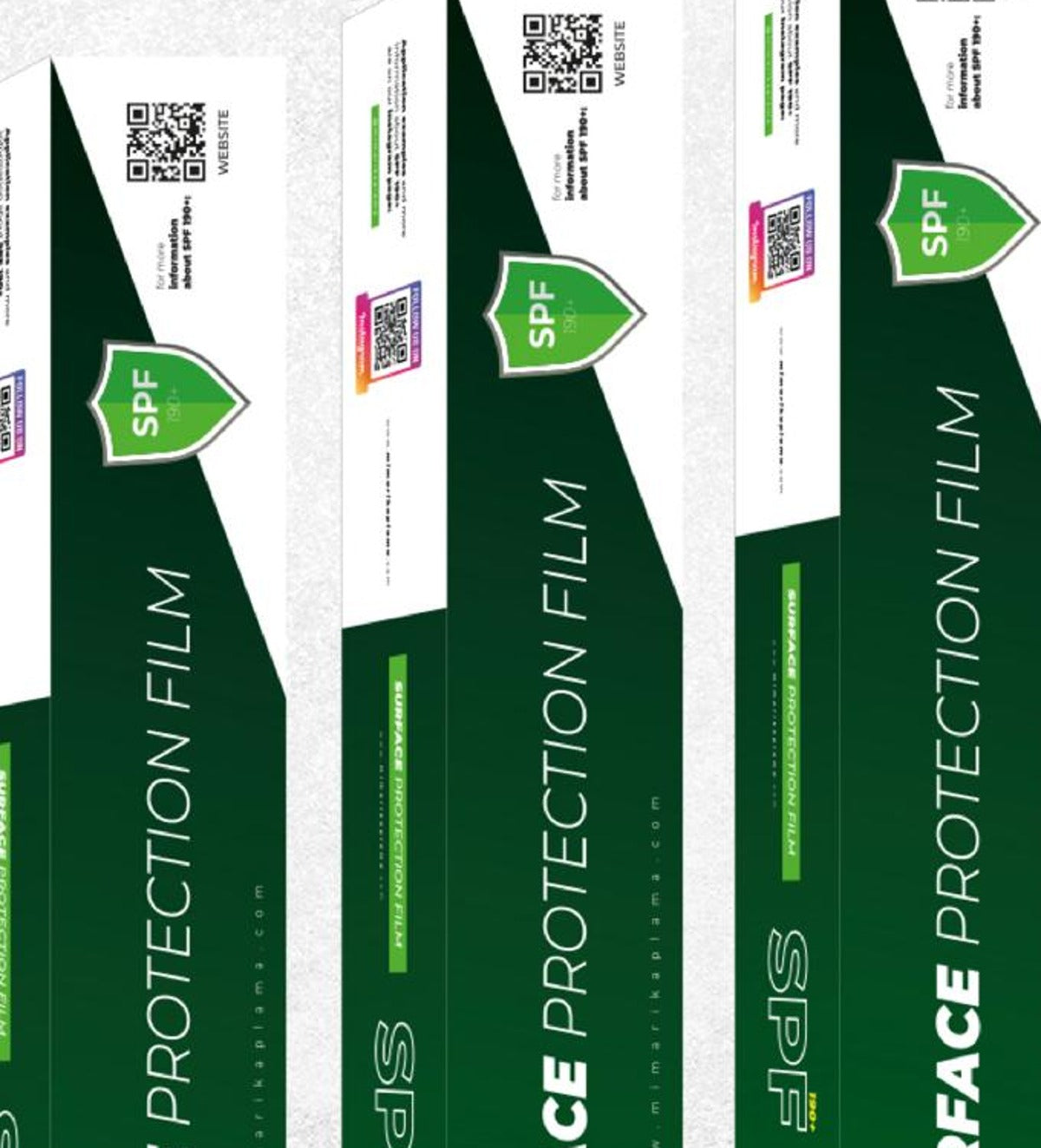 SPF 190+ Surface Protection Film packaging detail with product icons and QR code