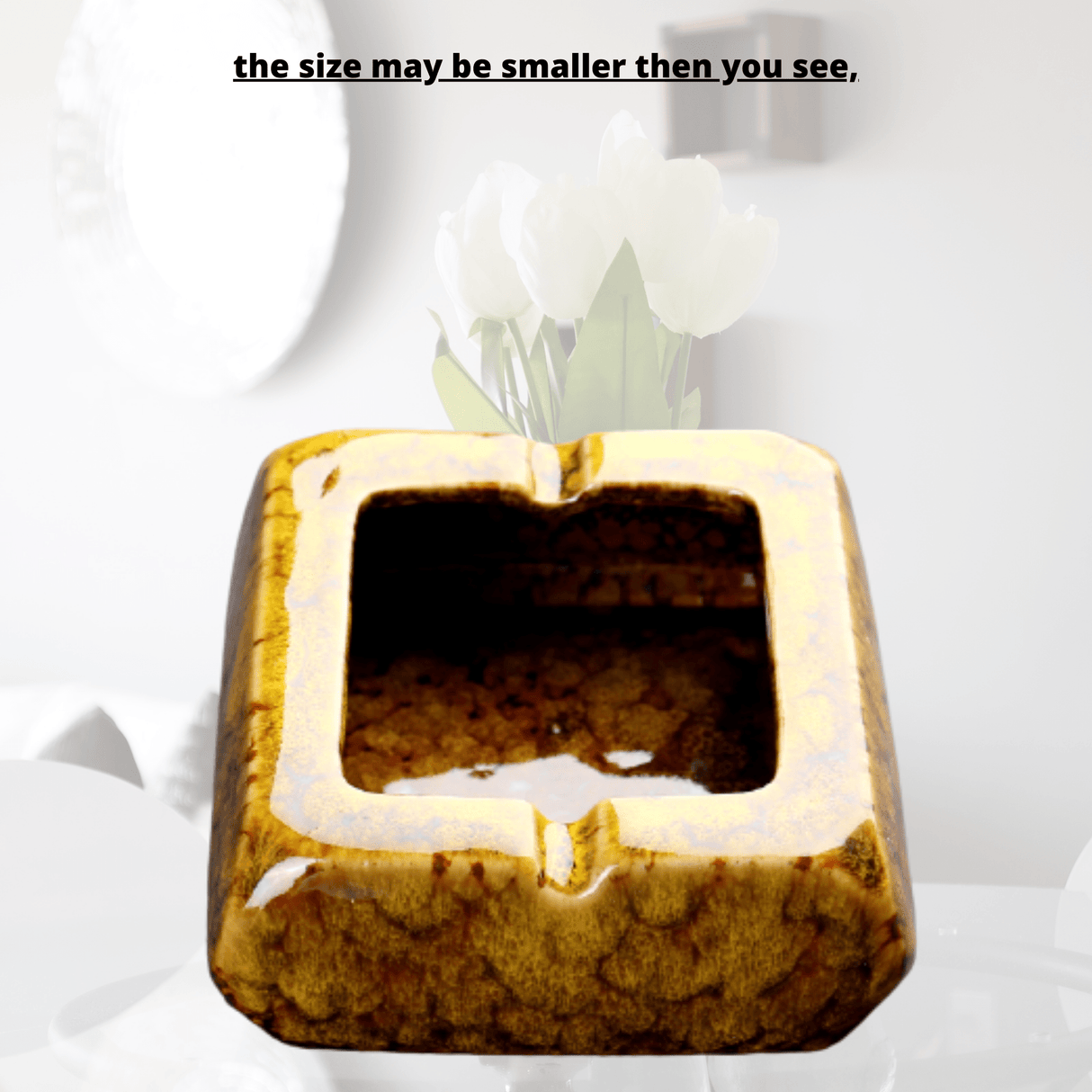 Square Glossy Ceramic Ashtray + Flameless Lighter (BROWNISH)