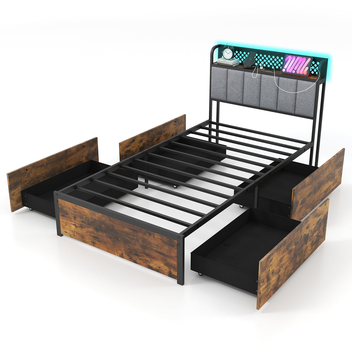 Twin/Full/Queen Bed Frame with LED Lights  Upholstered Headboard and 4 Storage Drawers