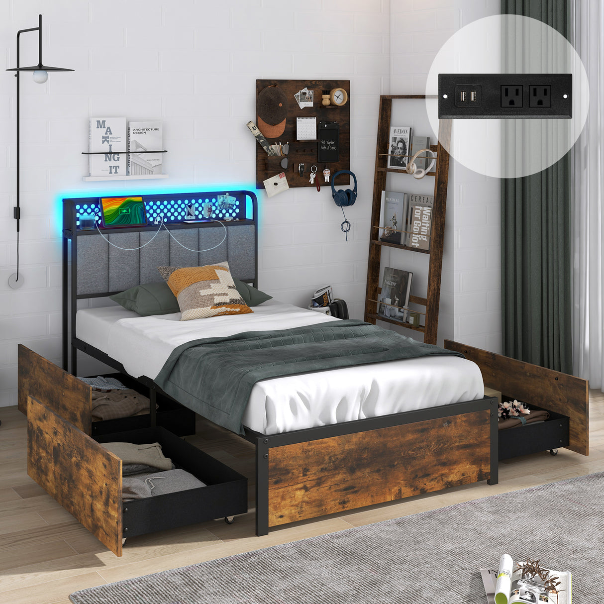 Twin/Full/Queen Bed Frame with LED Lights  Upholstered Headboard and 4 Storage Drawers