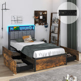 Twin/Full/Queen Bed Frame with LED Lights  Upholstered Headboard and 4 Storage Drawers