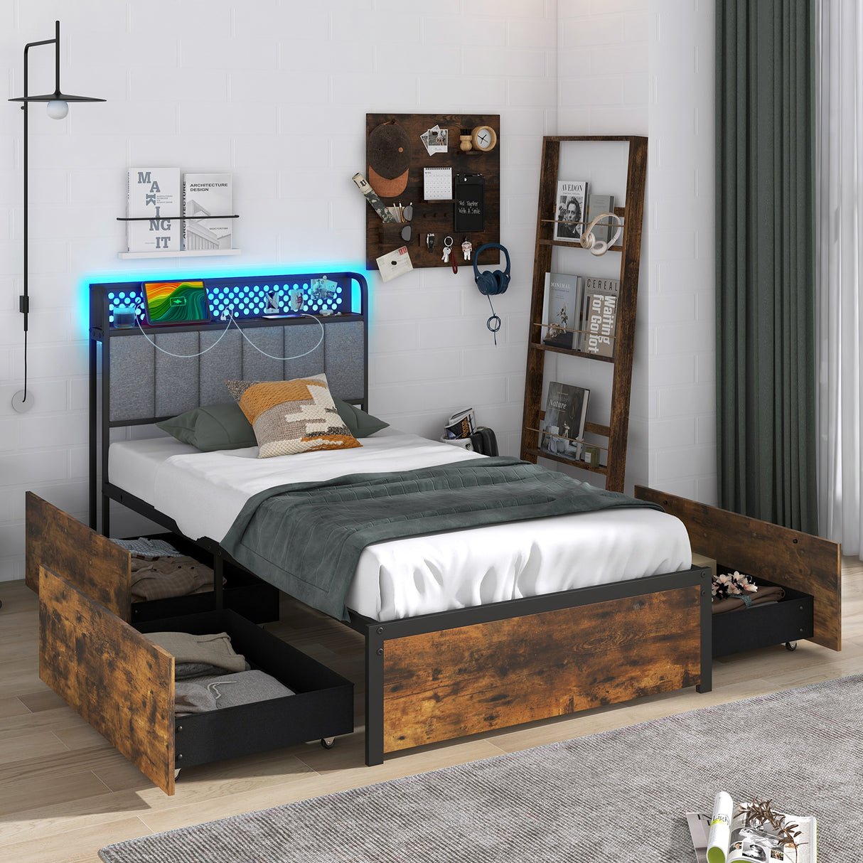 Twin/Full/Queen Bed Frame with LED Lights  Upholstered Headboard and 4 Storage Drawers