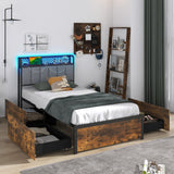 Twin/Full/Queen Bed Frame with LED Lights  Upholstered Headboard and 4 Storage Drawers