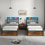 Twin/Full/Queen Bed Frame with LED Lights  Upholstered Headboard and 4 Storage Drawers