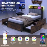Twin/Full/Queen Bed Frame with LED Lights  Upholstered Headboard and 4 Storage Drawers