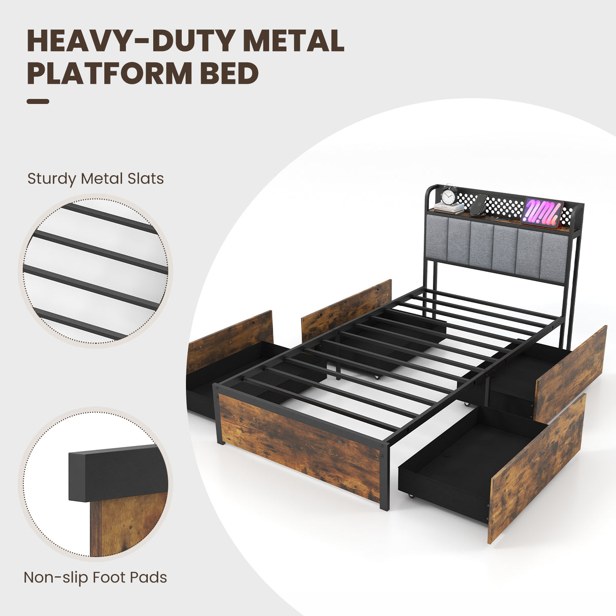 Twin/Full/Queen Bed Frame with LED Lights  Upholstered Headboard and 4 Storage Drawers