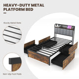 Twin/Full/Queen Bed Frame with LED Lights  Upholstered Headboard and 4 Storage Drawers