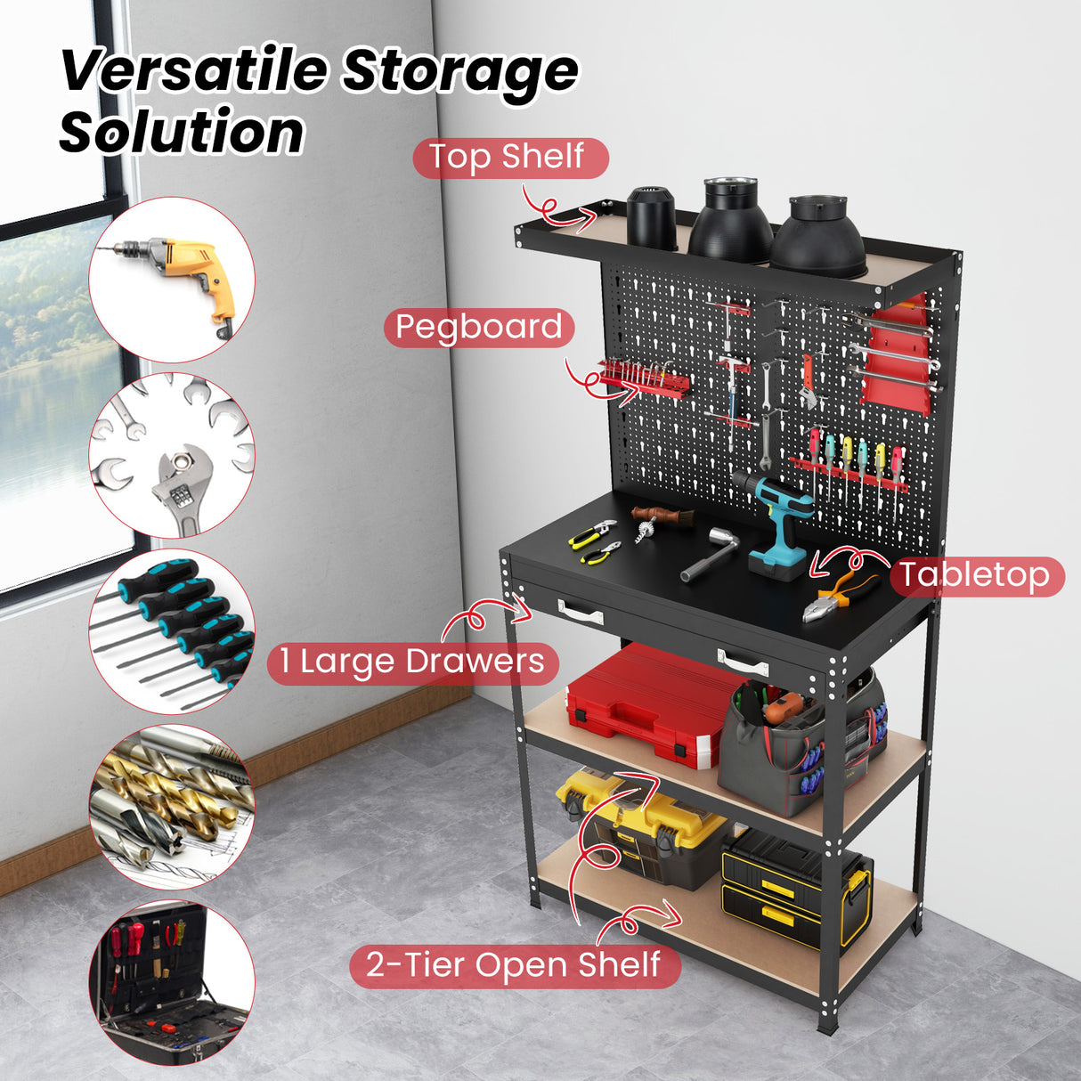 Tool Storage Workbench with Pegboard with 14 Hanging Accessories for Garage