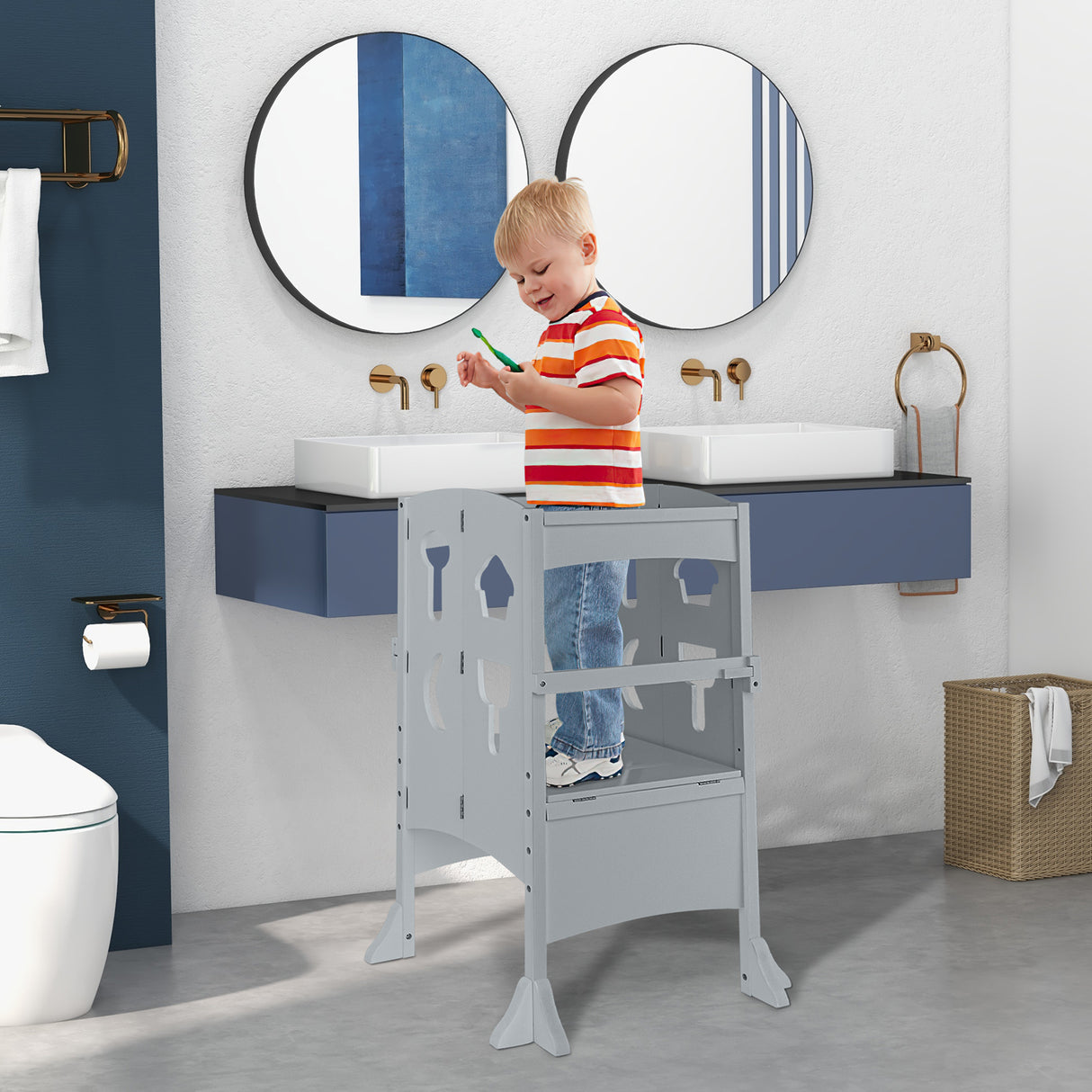 Folding Wooden Step Stool with Lockable Safety Rail for Toddler 3+