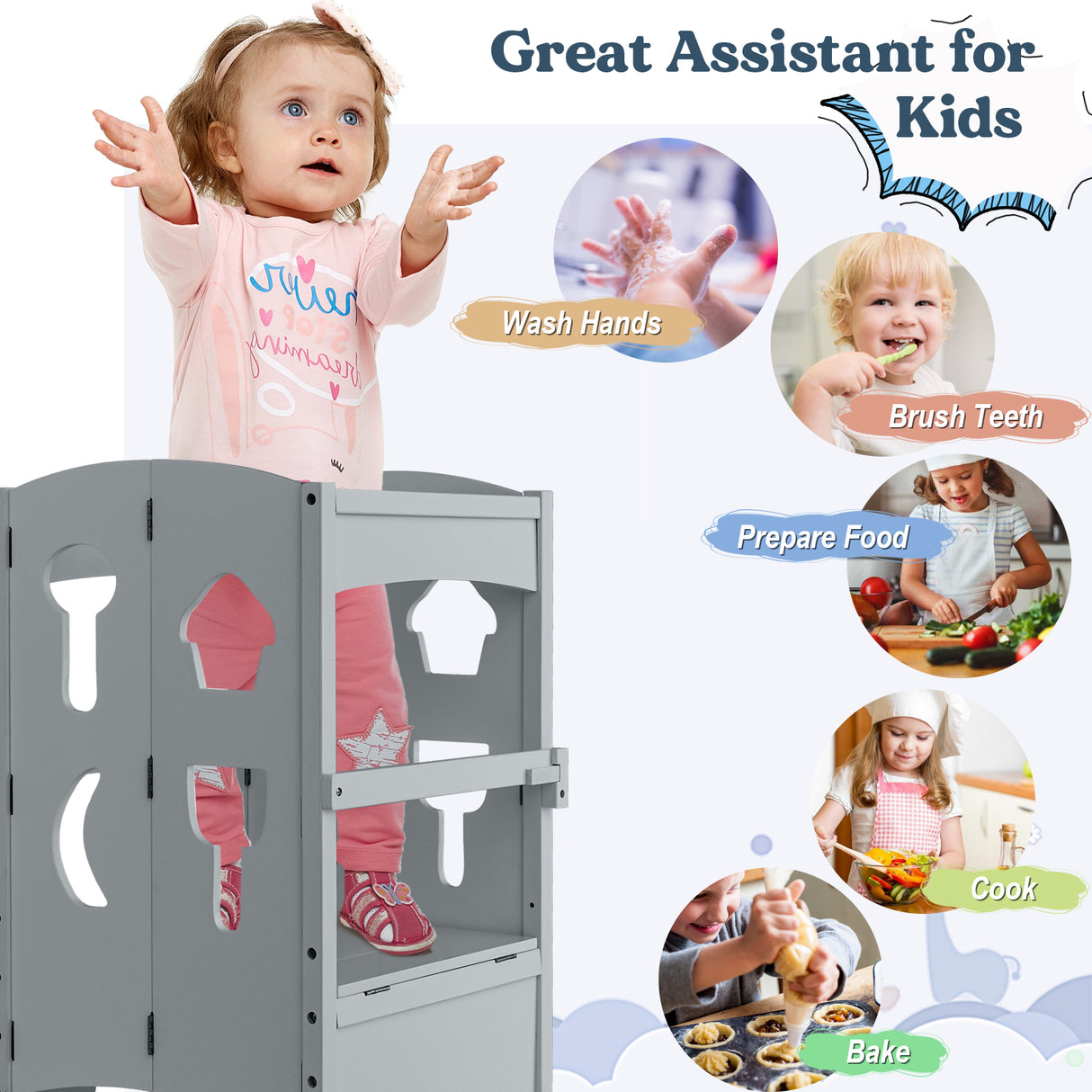 Folding Wooden Step Stool with Lockable Safety Rail for Toddler 3+