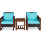 3 Pieces Patio Wicker Furniture Set with Washable Cushion and Acacia Wood Coffee Table