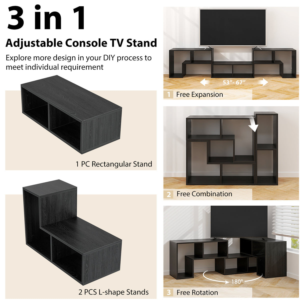 3 Pieces Adjustable TV Stand for TVs up to 65 Inch with Shelves